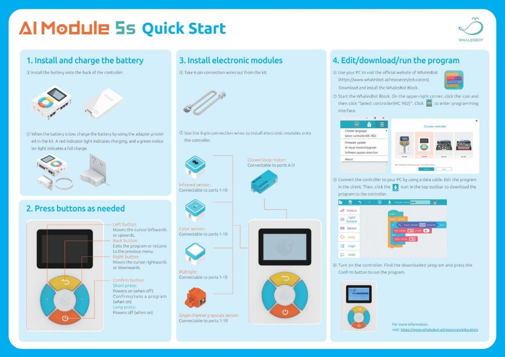 WhalesBot AI Module 5S Quick Start Guide showing battery installation, module setup and programming instructions